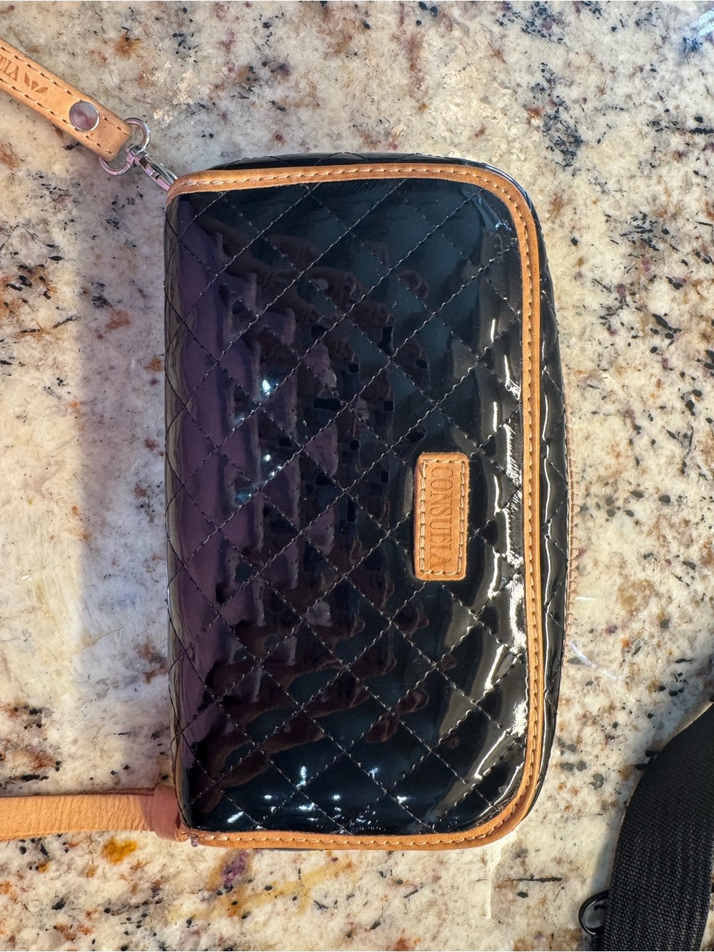 Consuela Black Patent Quilted Wristlet with Tan Trim